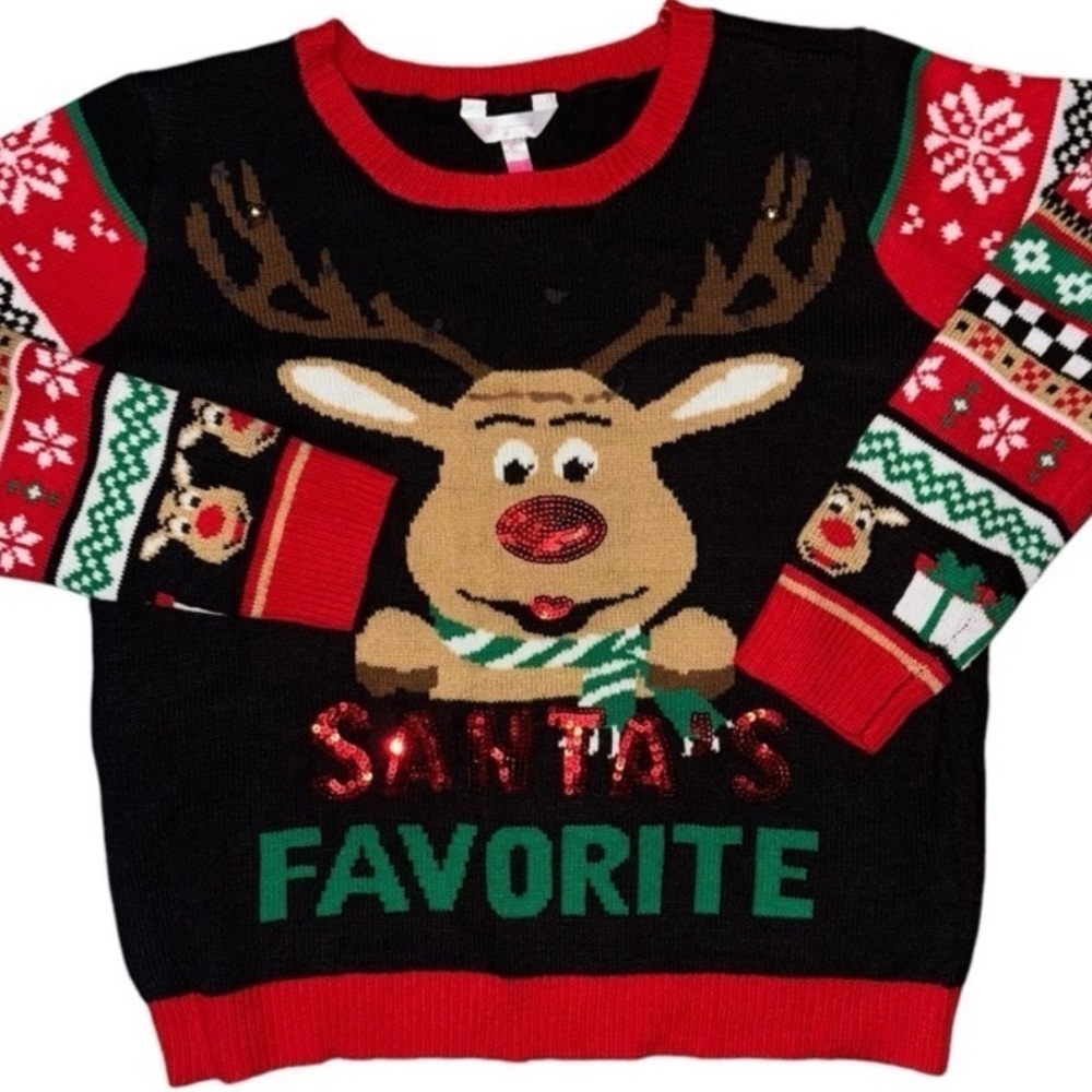Ugly Christmas Sweater Girls XXL-19 Reindeer Santa’s Favorite Red sequi…